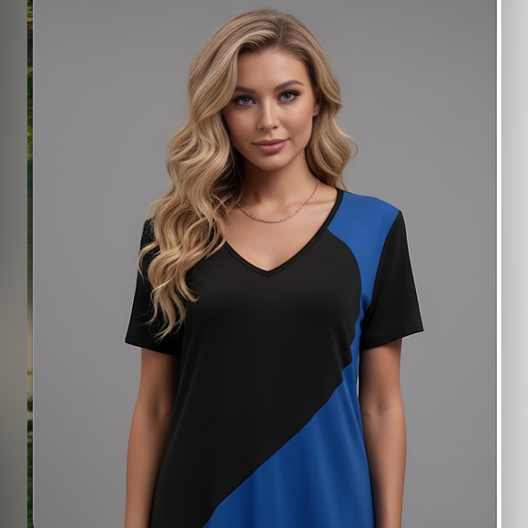 Black/Blue Two Tone V Neck Tee Dress - Picture 2 of 6